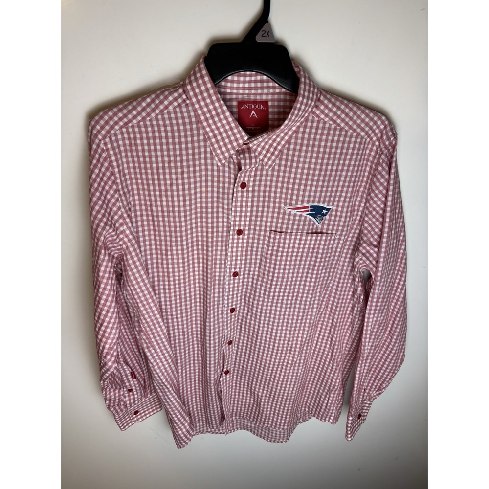 Antigua New England Patriots Mens Dress Shirt Large Long Sleeve Red White Check